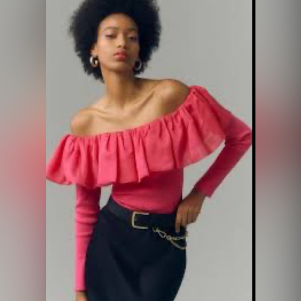 Anthropologie Off The Shoulder Organza Pink Ruffle Top Size XS